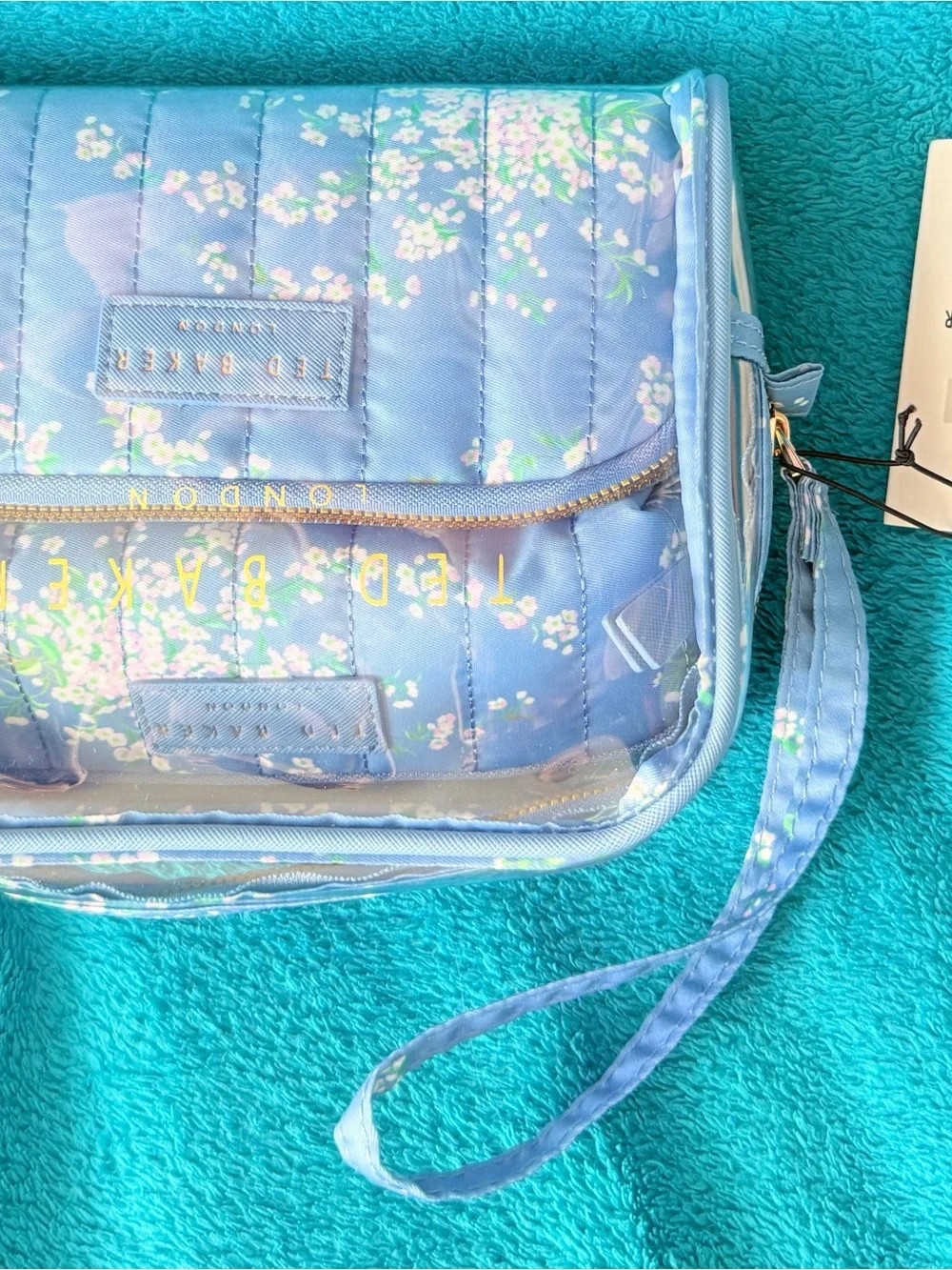 Ted Baker 3 Piece Blue Quilted Floral & Clear Cosmetic Bag Pouches NWT